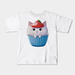 Cute Kawaii Cat in a Cup with Strawberry Hat Kids T-Shirt